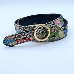 Steve Madden Tapestry Patchwork Gold Buckle Vintage-Inspired Waist Belt Small